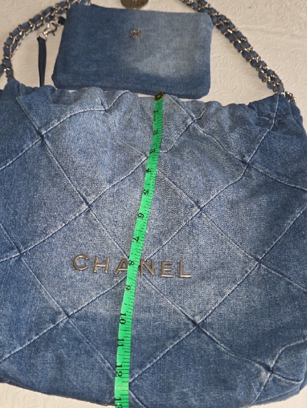 NWOT Quilted Denim Tote in Blue with Chain Strap - Picture 9 of 11